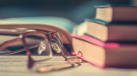 stack of books against the background of library, stack of books in front of library, books on wooden table, education, High quality book photography Best Book Photo.の素材