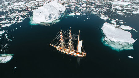 landscape with a ship in the sea around icebergs and ice blocks, view from above.の素材