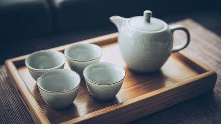 Tea concept with white tea set of cups and teapot with fresh tea on wooden background with copy spaceの素材