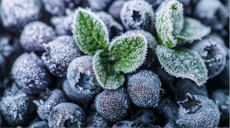A close-up of frozen blueberries covered in frost, creating a textured and detailed view. The dark background enhances the cold and fresh appearance.の素材