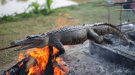 Fried crocodile meat on the barbeque for sale to tourists in the street on Vietnam.の素材