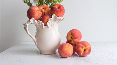 Summer still life ripe peaches on dark background.の素材