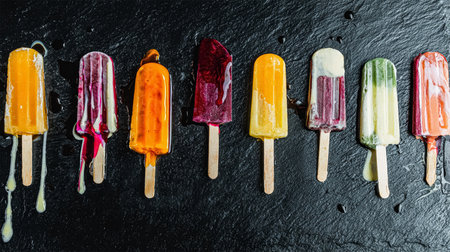 Colorful ice cream cones of different flavors. Melting scoops. Top view, copy space, steel metal background.の素材