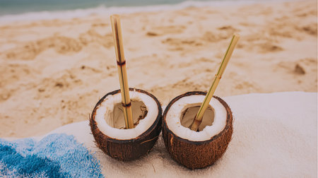 juice of coconut with drinking straw decoration by flower isolated on white background.の素材