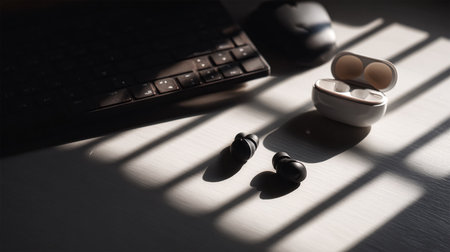 The layout of the watch and the phone on a blue background. Appliances and electronics. Modern gadgets. Phone headphones watch. Business. Wireless headphone. Watch with pedometer.の素材