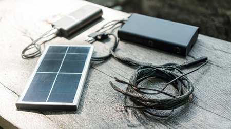 Charging a smartphone from home with a portable solar panel charger.の素材
