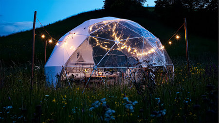 Glamping house in summer and volcano, rural landscape, tent houses in Kamchatka peninsula. Selective focus.の素材