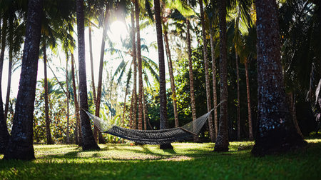Empty hammock on the lake sideの素材