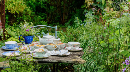 Fancy white porcelain set for herbal tea or coffee and homemade pie on wooden table in the garden. Summer outdoor party arrangement, romantic date. White flowers on background and in a glass vaseの素材