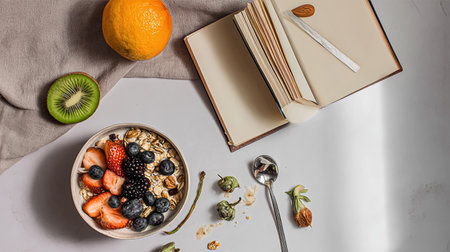 Young woman with healthy food making meal plan on wooden table, top view. Diet conceptの素材