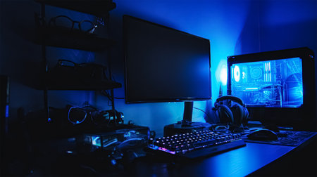 Water Cooled Gaming PC with RGB rainbow LED lighting. Modern gaming computer with a keyboard in a dark room. Water Liquid Cooling Computerの素材
