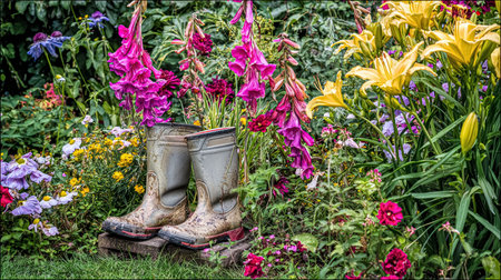 Rainboots in front of a tent on a campingside near lake in Sweden, summertimeの素材