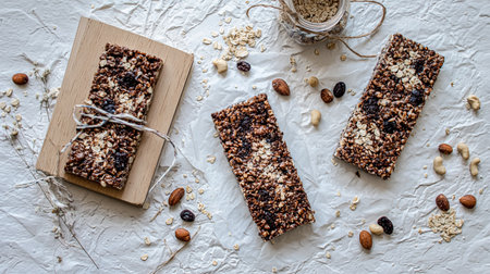 Rectangular pieces of kozinak - sunflower, peanut and sesame seeds. Isolated on white background. Close-up. Top view.の素材