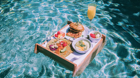 Breakfast in swimming pool, floating breakfast in heart tray tropical resort. Table relaxing in calm pool water, healthy breakfast and fruit plate by resort poolの素材