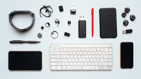 Collection of electronic gadgets and office supplies - flat layの素材