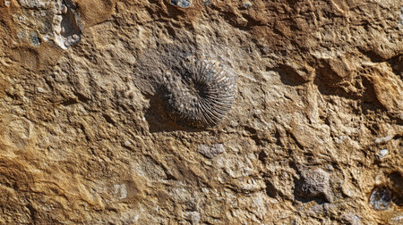 Detailed macro shot of fossil imprints on a weathered limestone rock, capturing the texture and timeless essence of Earth's ancient past.の素材