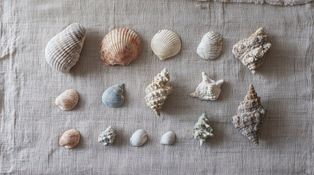 Seashells and corals on sandy beach. Stylish minimal layout from found shells and coral on ocean shore. Summer relaxation concept, beach vibes. Top view nature background, copy space, pale colors.の素材
