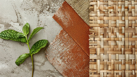 Texture of thin brown African braids, hair close-up braided in pigtails dreadlocks, Afro style woven natural materials texture with green leaves background.の素材