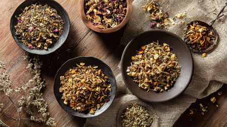 A set of spices on a gray background. Variety of spices from India. Food decoration design. Various spices, peppers and herbs close-up top view. Set of peppers, salt, herbs and spices for cooking.の素材