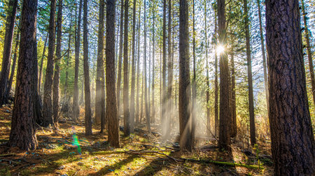 Healthy green trees in a forest of old spruce, fir and pine trees in wilderness of a national park. Sustainable industry, ecosystem and healthy environment concepts and background.の素材