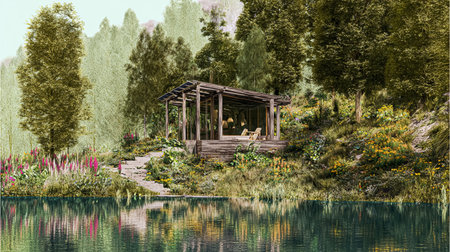 Red bricks house in countryside near the lake with mirror reflection in water,の素材