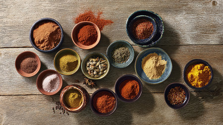 A set of spices on a gray background. Variety of spices from India. Food decoration design. Various spices, peppers and herbs close-up top view. Set of peppers, salt, herbs and spices for cooking.の素材