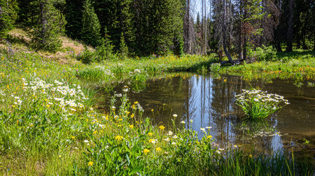Gorgeous spring view of a blooming meadow by the river with a lone tree on the shore. Idyllic and ecological pure area. Photo wallpapers. Discovery of the beauty of earth.の素材