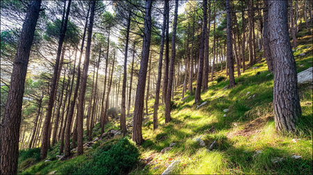 Healthy green trees in a forest of old spruce, fir and pine trees in wilderness of a national park. Sustainable industry, ecosystem and healthy environment concepts and background.の素材