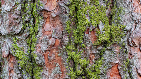 green lichen on tree bark. Moss cover on tree bark background. Close-up moss texture on tree surface. the texture of the layer of tree bark that is crusty or has a cracked or cracked texture.の素材