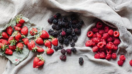 Mix of different berry berries. Berries fruits background. Antioxidants, detox diet, organic berries. Wild berries pattern. Berry background.の素材