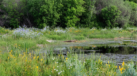 Gorgeous spring view of a blooming meadow by the river with a lone tree on the shore. Idyllic and ecological pure area. Photo wallpapers. Discovery of the beauty of earth.の素材