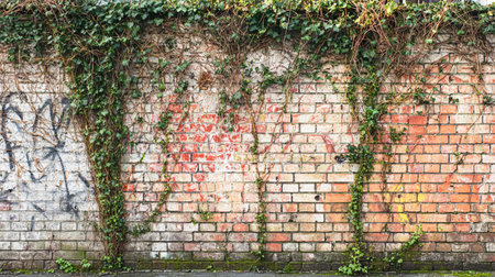 Climbing plant, green ivy or vine plant growing on antique brick wall of abandoned house. Retro style background.の素材