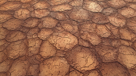 Drying cracks forming a characteristic pattern in clay soil. Natural background. World climate change, water crisis. Cracked earth. Takir, takyr soils. Landform, drying out saline soil in desertの素材