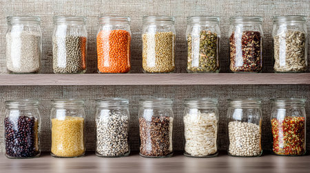 kitchenware, glass jars with beans, pasta and grains on metal green shelf at cabinet. storage food concept and order at kitchenの素材
