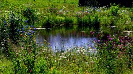 Gorgeous spring view of a blooming meadow by the river with a lone tree on the shore. Idyllic and ecological pure area. Photo wallpapers. Discovery of the beauty of earth.の素材