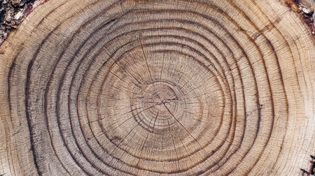 Cross section of oak grove tree trunk showing growth rings isolated on white background.の素材