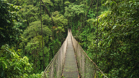 popular tourist attraction where tourists walk over river and through rainforest canopy.の素材