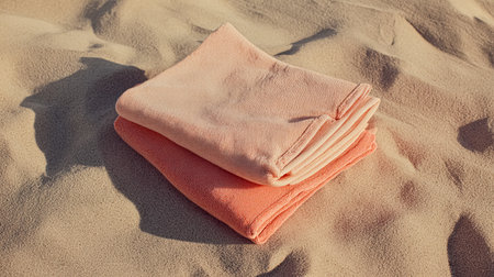 Aerial view of living coral towel on sand and beach. Free space for your decoration. Summer time.の素材