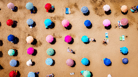 Tropical beach with colorful umbrellas - Top down aerial viewの素材