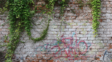 Climbing plant, green ivy or vine plant growing on antique brick wall of abandoned house. Retro style background.の素材