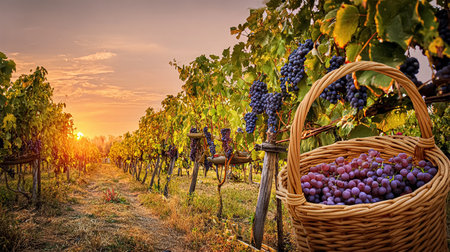 Ripe White and Red Grapes in Wicker Basket on Sunny Valley. Harvesting.の素材