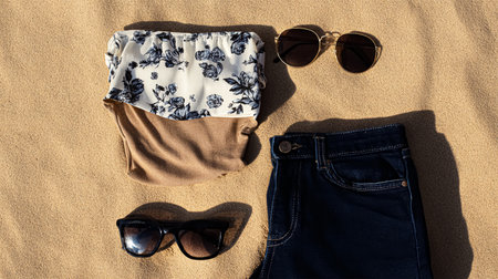 Beach scene with straw, white sunglasses, sunscreen in wicker bag on blue towel. Summer essentials for sun protection on sandy shore by ocean. Relaxing day at beach necessary sunbathing.の素材
