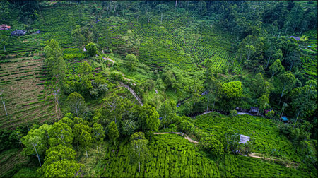 tea field and harvesting view from above.の素材