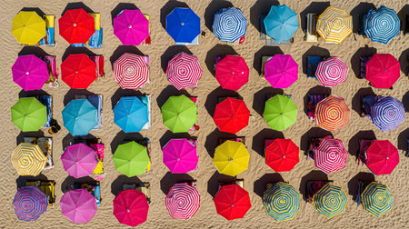 Tropical beach with colorful umbrellas - Top down aerial viewの素材