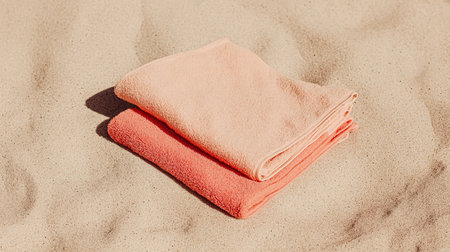 Aerial view of living coral towel on sand and beach. Free space for your decoration. Summer time.の素材