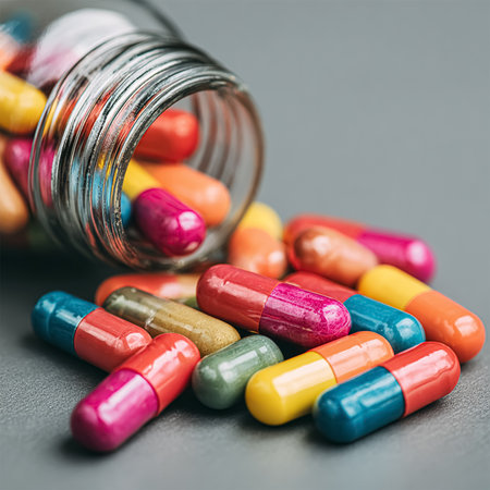 Different pills on color background, flat layの素材