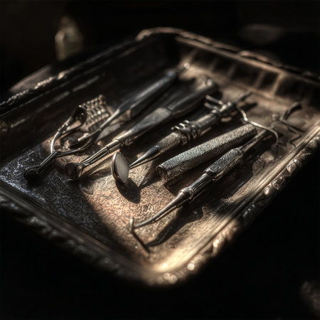 Set of old, vintage surgical instruments: scalpel, scissors, clamp.の素材