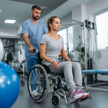 Attending physician communicates with the patient in the rehabilitation centerの素材