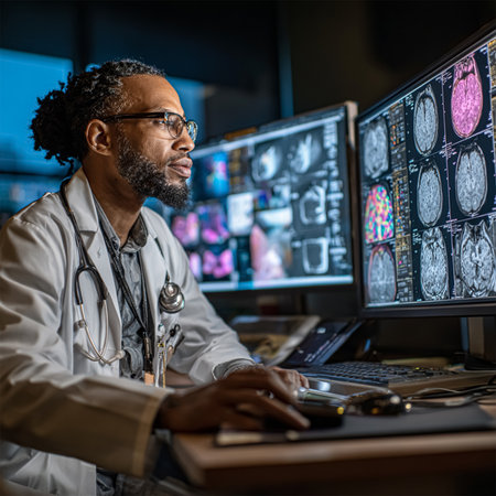 Medical Hospital Research Laboratory: Caucasian Male Neurosurgeon Looking At TV Screen With Brain MRI Scans Of Patient, Analyzing, Preparing For Complicated Neurosurgery, Wearing Surgical Gown.の素材