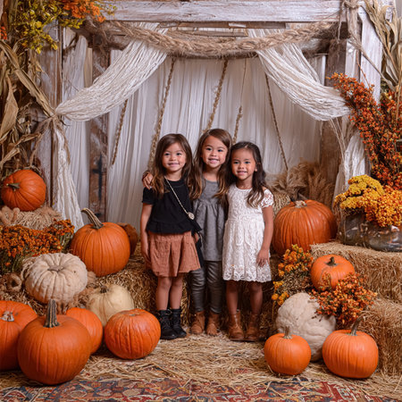 Portrait of cute kid boy making Halloween home decorations while sitting at wooden table, child covers eyes with carved pumpkins and laughs merrily.の素材